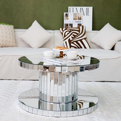 31.5" Double-Tier Round Mirror Coffee Table with Reflective Glass Tabletop,Modern MDF Accent Table for Living Room-Cuddlewood