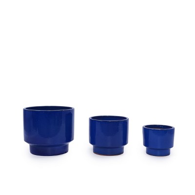 SEVOBAL Planters 3-Piece Modern Ceramic Glossy Flower Pots, Frost-Resistant with Drainage Holes for Indoor, Outdoor, Blue, 19.7"*19.7"*18.6"