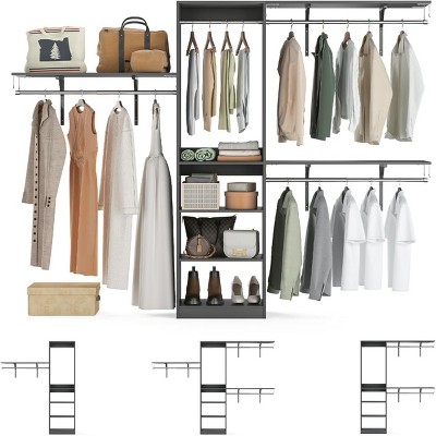 SEVOBAL Freestanding Coat Racks 6 Shelves and 3 Rods Heavy-Duty Wood Closet Organizer System， Adjustable Storage for Using, Gray, 15.8"*96.1"*75"