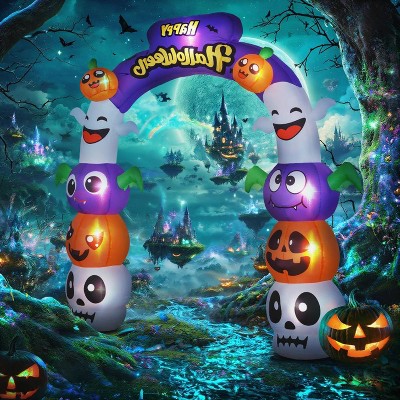 Hrinhom Inflatable Halloween Archway with Pumpkin Skulls Ghosts Bats Archway Beams and Yellow Lettering