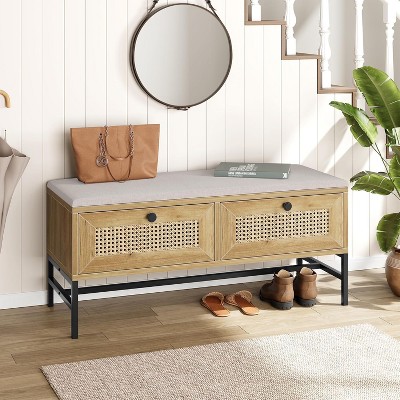 Rattan Shoe Bench, 39.3" Entryway Bench with 2 Storage Drawers Wooden Storage Bench with Linen Seat Cushion Shoe Bench