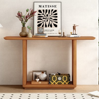 Entryway Console Table with Curved Corners, Accent Sofa Table - Acacia Wood Veneer U-Base Design - ModernLuxe