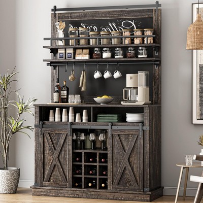 Coffee Bar Cabinet, Farmhouse Buffet Cabinet with Storage, 75" Tall Bar Cabinet Kitchen Buffet Sideboard w/Sliding Barn Door,Coffee Hutch Cabinet