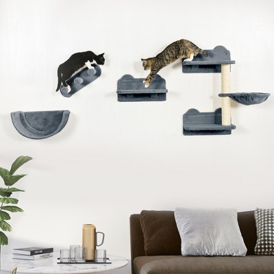 Multipet 4 Pcs Cat Climbing Shelf with Cat Hammock, 3 Steps, Perches, Scratching Post, for Sleeping, Playing
