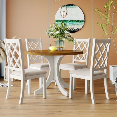 ACEPANO 5-Pieces Solid Wood Accent Dining Table Sets With Round Dining Chairs(Beige)-Walnut