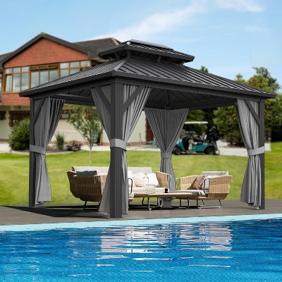 13x10 FT Hardtop Gazebo, Double Roof Canopy, Aluminum Frame, Outdoor Patio Gazebo Canopy, Mesh and Curtains, for Backyards, Patios, Lawns, Grey