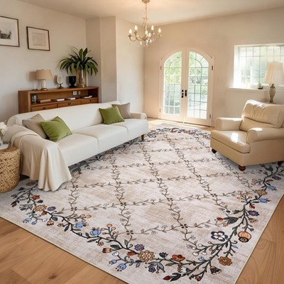 Washable Area Rug Modern Floral Living Room Rugs Low Pile Lightweight Ultra Soft Carpet