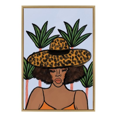 Kate and Laurel Sylvie Leopard Hat Framed Canvas by Kendra Dandy of Bouffants and Broken Hearts, 23x33, Bright Gold