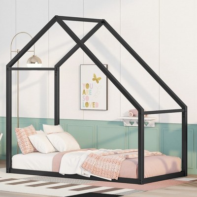 Twin Size Metal House Bed For Toddler Kids Teens Metal Frame Platform Bed With Roof For Bedroom Apartment