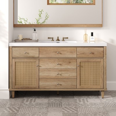 Christopher Knight Home Emilie 60" Modern Bathroom Vanity with SMC Sink, 5 Drawers and 2 Rattan Doors