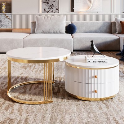 27.6" & 23.6" MDF Modern Round Nesting Coffee Tables Set of 2 with 2 Drawers and Gold Legs for Living Room, Apartment