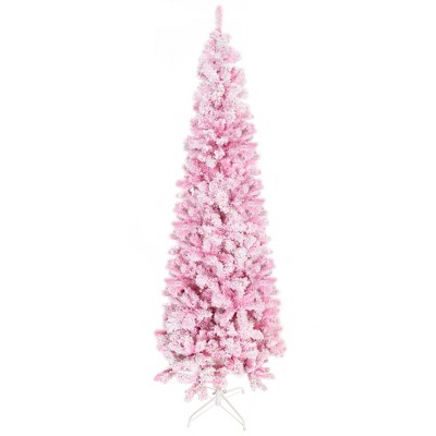 Dexmalle Pink 7.5' Tall Unlit Snow Flocked Artificial Christmas Tree Slim Pencil Xmas Tree with Pine Shape and Realistic Branches