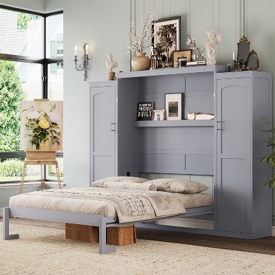 Full/Queen Size Murphy Bed Multifunctional Foldable Platform Bedframe with 2 Wardrobes and Storage Shelf, White/Gray/Walnut-ModernLuxe