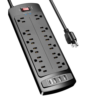 Itopfox Power Strip with 12 Outlets and 4 USB Ports, 6 Feet Extension Cord, Surge Protector, 2700 Joules, ETL Listed, Black