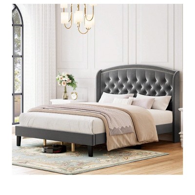 Light Gray One Size  King Size Bed Frame, Velvet Upholstered Platform Bed Frame With Wingback Headboard, Button Tufted Design & Wood Slats Support, E