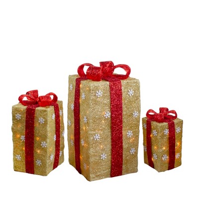 Northlight Set of 3 Lighted Tall Gold Gift Boxes with Red Bows Christmas Outdoor Decorations 18"