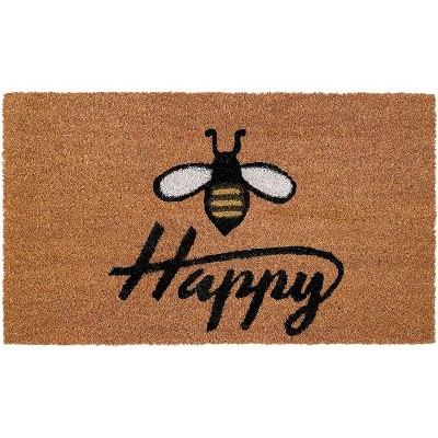 HomeRoots 24" X 36" Natural and Black Coir Bumblee Bee Happy Outdoor Door Mat