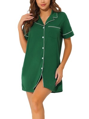 cheibear Women's Notched Collar Button Down Pajama Shirt Dress with Pocket