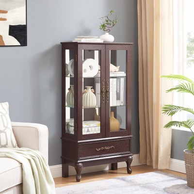 DOMETOUR Curio Cabinet Lighted Glass Display Cabinet Wine Cabinet with Adjustable Shelves 2 Doors & 1 Drawer