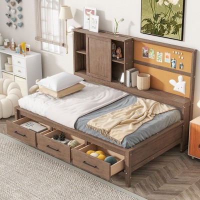NicBex Twin Daybed with Storage Morden Daybed with 3 Storage Drawers, Storage Cabinets, Cork Board and Charging Ports for Apartment