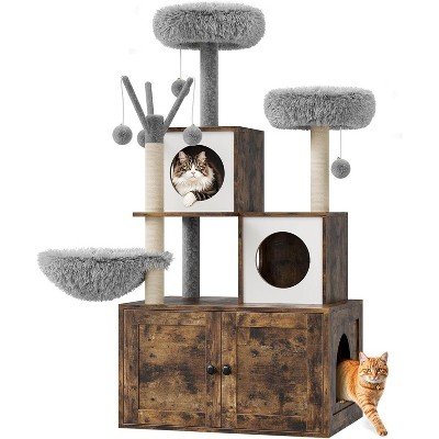 Modern 2-in-1 Cat Tree & Hidden Litter Box Enclosure – Wooden Tower with Condo, Hammock, Scratching Post, Plush Perch & Removable Pompoms