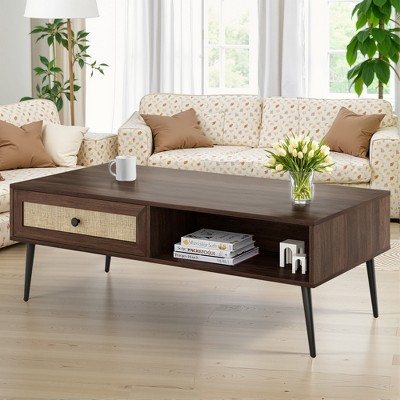 MAYEERTY 47in Walnut Modern Coffee Table Wooden 2 Tier Rectangular Center Table with PVC Rattan Door Drawer