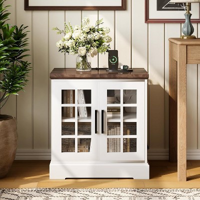 Acekool 24" Wood Nightstand with Charging Station, Farmhouse End Table with Tempered Glass Doors, Adjustable Shelf, USB Ports