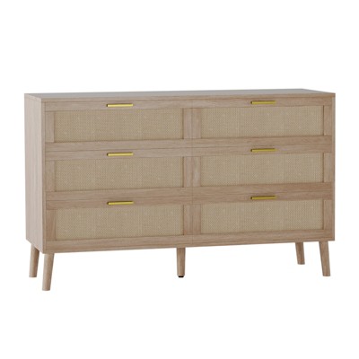 6 Drawer Dresser, 47 Inch Natural Rattan Chest of Drawer, Large Wooden Dresser with 5 Solid Wood Legs, Farmhouse Dresser