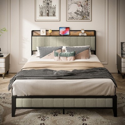 Grungis Queen Size Bed Frame with Charging Station,Metal Platform Bed with Upholstered Headboard for Bedroom