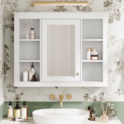 35'' x 27.5'' Medicine Cabinet, Wall Mounted Bathroom Storage Cabinet, Modern Bathroom Wall Cabinet with Mirror, Mirror Cabinet with 6 Open Shelves