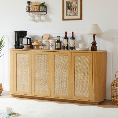 Ridstar 31.5 in. H Wooden Rounded Corner Storage Cabinet with Rattan Doors For Entryway, Living Room & Kitchen-Natural