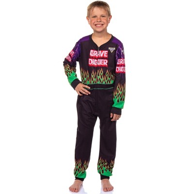 Monster Jam Grave Digger Boys' Union Suit Kids Fleece One Piece Pajamas Black