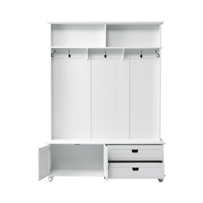 TiramisuBest Farmhouse 4-in-1 Hall Tree with Barn Doors,Movable Bench,7 Hooks,Shoe Storage Cabinet&6 Brake Wheels,76.9" Tall Entryway Organizer,White