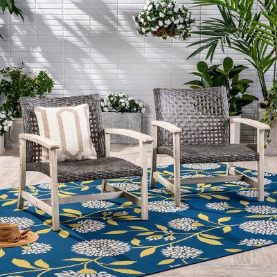 NicBex Set of 2 Antique-Style Wicker Club Chair, Weather-Resistant Outdoor Dining Chairs with Acacia Wood & Wicker, Gray
