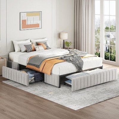Yaheetech Upholstered Bed Frame Without Headboard With 4 Storage Drawers