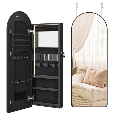 LEDREM Wide Jewelry Organizer, LED Jewelry Cabinet Wall/Door Mounted, Arched Mirror with Storage, Lockable, Rounded Corner, Interior Mirror