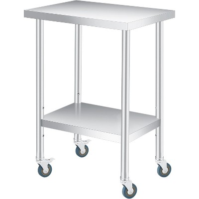 COZONY Stainless Steel Work Table (with Lockable Wheels), 2-Tier Metal Utility Prep Table with Adjustable Undershelf for Restaurant Kitchen