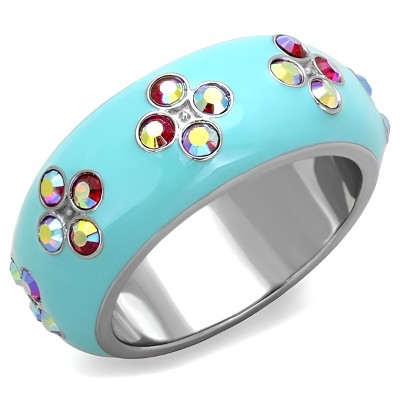 Slickblue Women's Turquoise Floral Ring, Multi-Colored Synthetic Crystal Accents, Polished Silver Band, size 5-10