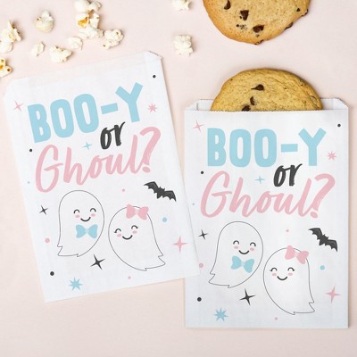 Big Dot of Happiness Boo-y or Ghoul Paper Treat Bags, Gender Reveal Individual Candy Snack Favors, Greaseproof White Sandwich Cookie Bags - 25 Count
