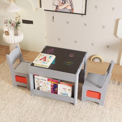 Kids Wooden Table and Chair Set (2 Chairs)，Storage Drawers for Drawing, Reading, Crafts & Homework