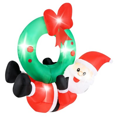 Tangkula 4 FT Inflatable Hanging Santa Claus Wreath Christmas Pre-Lit Santa & Wreath with Red Bow & 5 LED Lights Blow up