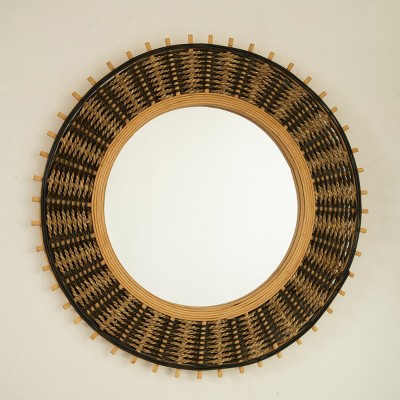 23" Round Bamboo Wall Mirror with Handwoven Hemp Rope, Decorative Boho Mirror for Living Room, Entryway or Bedroom Wall Décor - Cuddlewood