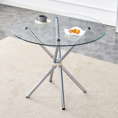 ModernLuxe Round Dining Table Glass Dinner Table Kitchen Table Dinette Table with Ring-shaped Gathered Metal Legs