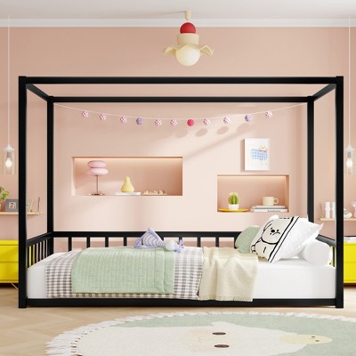 TiramisuBest Twin Size Sunshade Floor Bed with Iron Frame, Modern Low-Profile Double Bed with Fence-Style Guardrails, Black