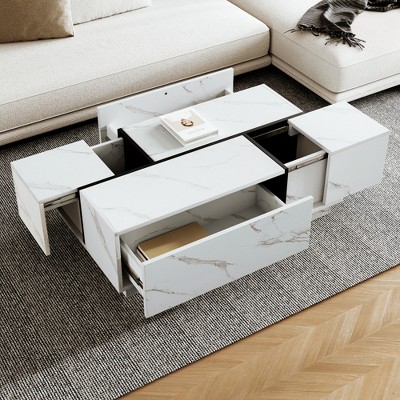 47.2" Rectangular Sliding Top Coffee Table with 2 Drawers & 2 Hidden Storage, Modern White Center Table for Living Room