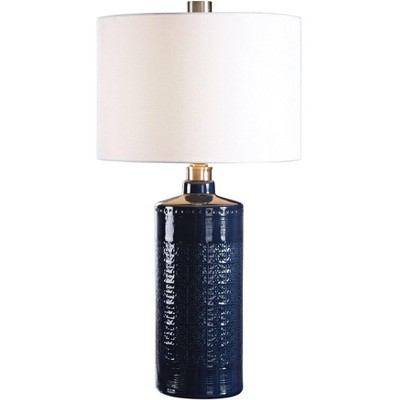 Uttermost Modern Table Lamp 31" Tall Royal Blue Glaze Ceramic White Linen Drum Shade for Living Room Bedroom House Bedside Office