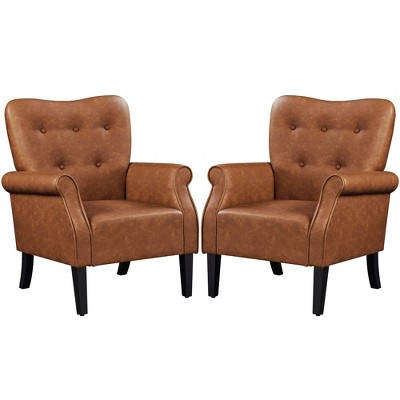 Yaheetech Set of 2 Mid-century Modern Faux Leather Armchair with Tufted High Back for Living Room, Bedroom, Retro Brown