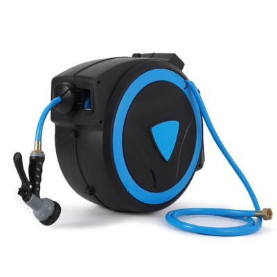 Retractable Garden Hose Reel With 5/8 In x 90 Ft Wall Mounted Hose Reel, 9-Function Sprayer Nozzle, Any Length Lock, Slow Return System