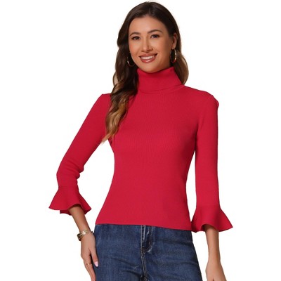 INSPIRE CHIC Women's Ruffle Sleeves Pullover Turtleneck Slim Fit Stretchy Knit Sweater