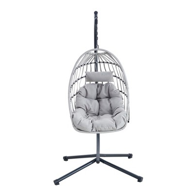 NAYSAYE Patio Swing Heavy Duty Iron Hanging Chair with Wicker Weave and Cushion for Garden and Balcony Relaxation, Light Gray, 37"*36.61"*78.74"